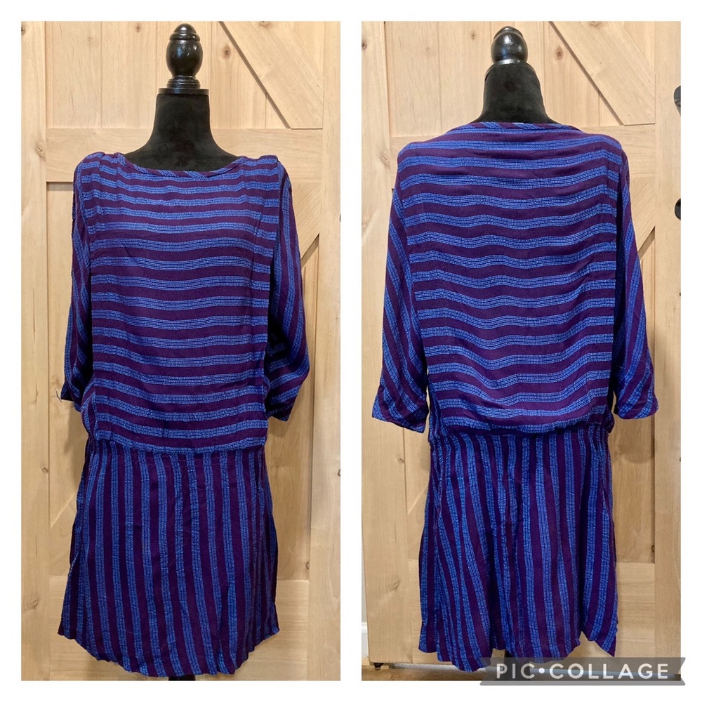 Vintage 90s Purple Blue Striped Drop Waist Dress 3/4 Sleeve Medium - Picture 2 of 12